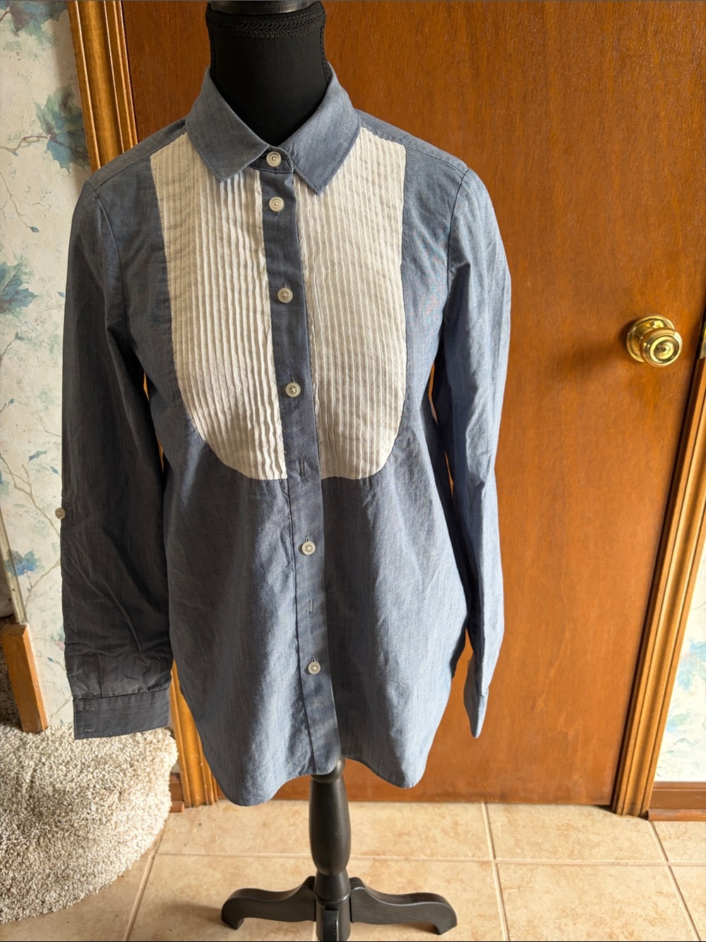 kate spade Blue Button-Down Shirt with White Pleated Bib